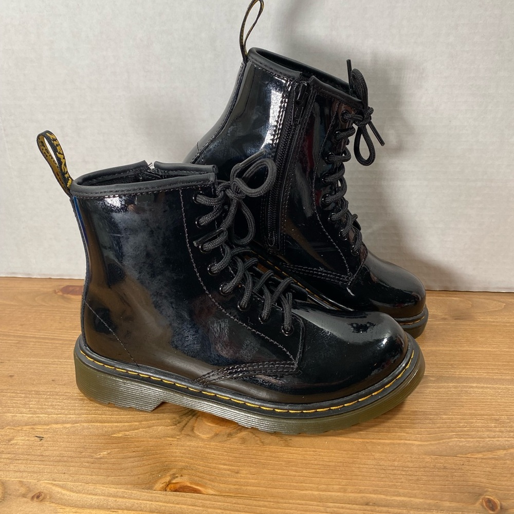 Dr. Martens Kids Black Patent Lace-Up Ankle Boots with Yellow Stitching